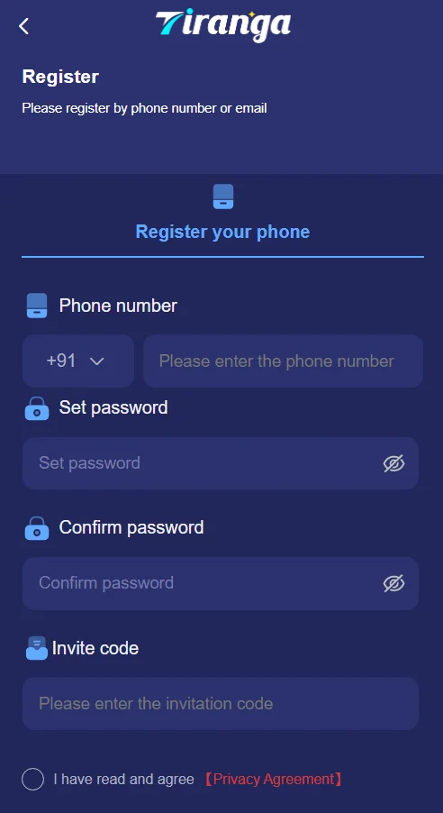  Tiranga game registration page